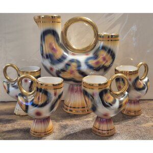 Mid Century Italian Ceramic Decanter & Goblet Set Abstract Signed Lara Luster
